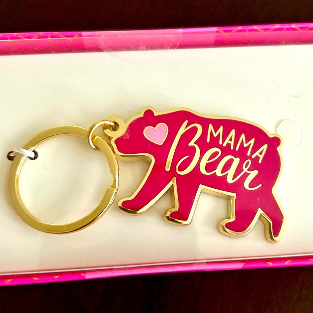 NIB Mama Bear Enamel Keychain Gold tone ring with red & pink bear.